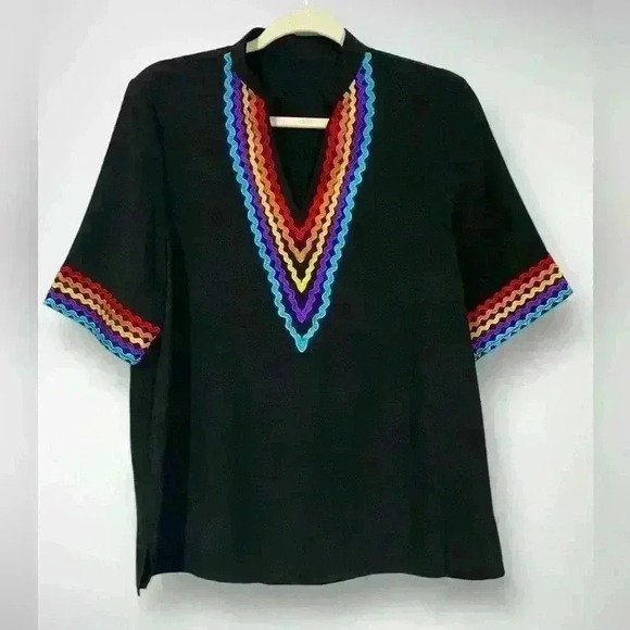 Women's Casual Boho Embroidered V-Neck Short Sleeve Shirt Fall Blouse - Picture 2 of 7